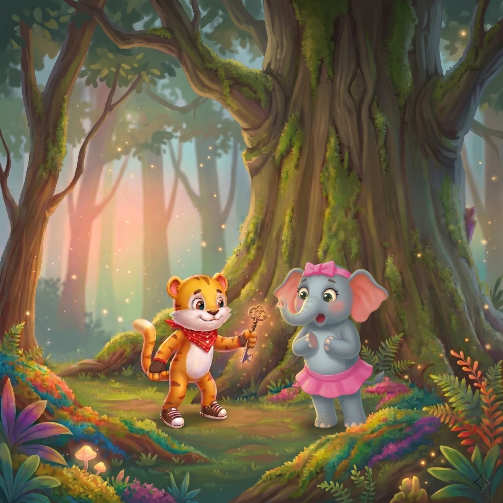 Siso showing the magical key to FeeFee the elephant