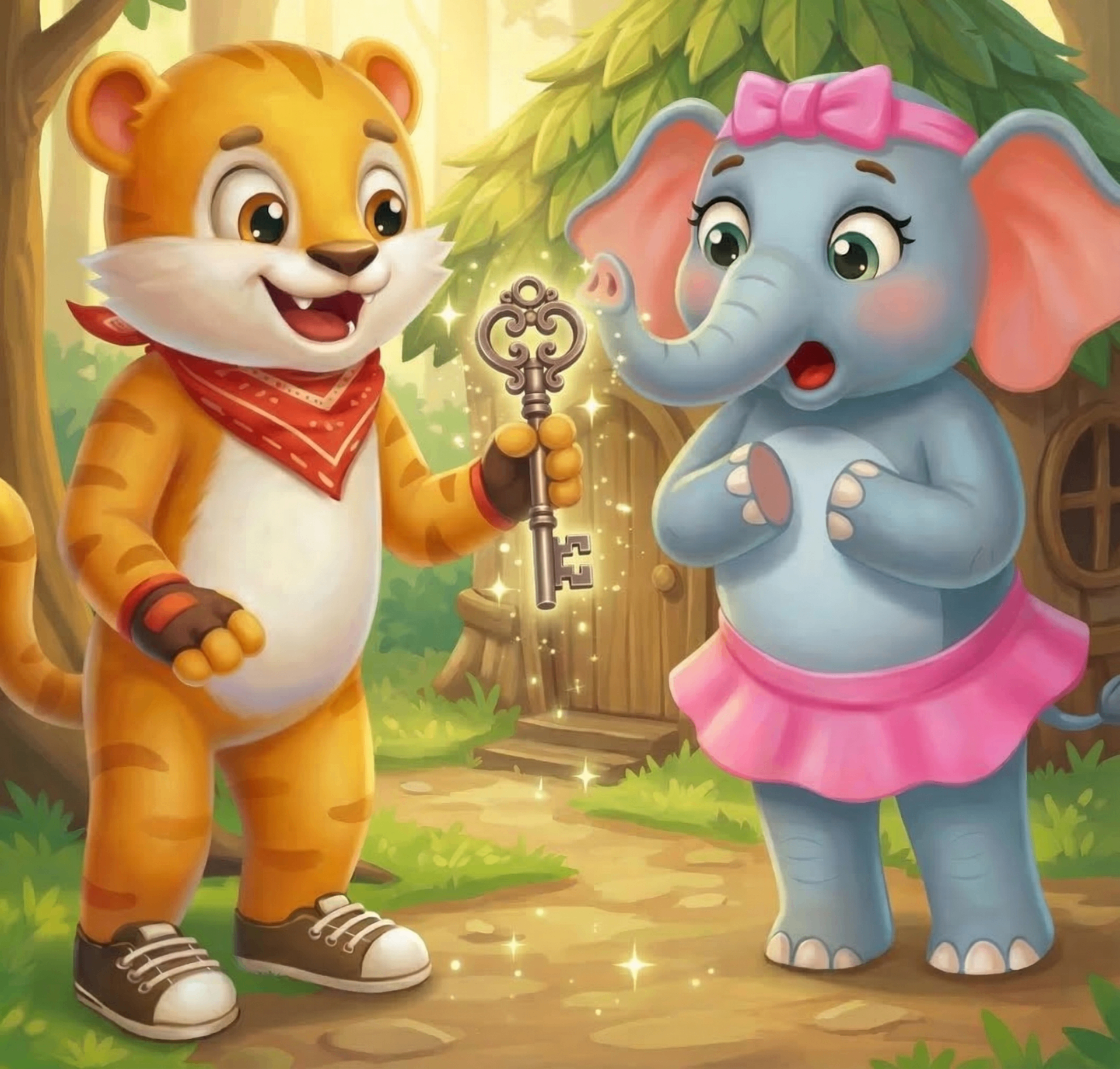 Siso showing the magical key to FeeFee the elephant