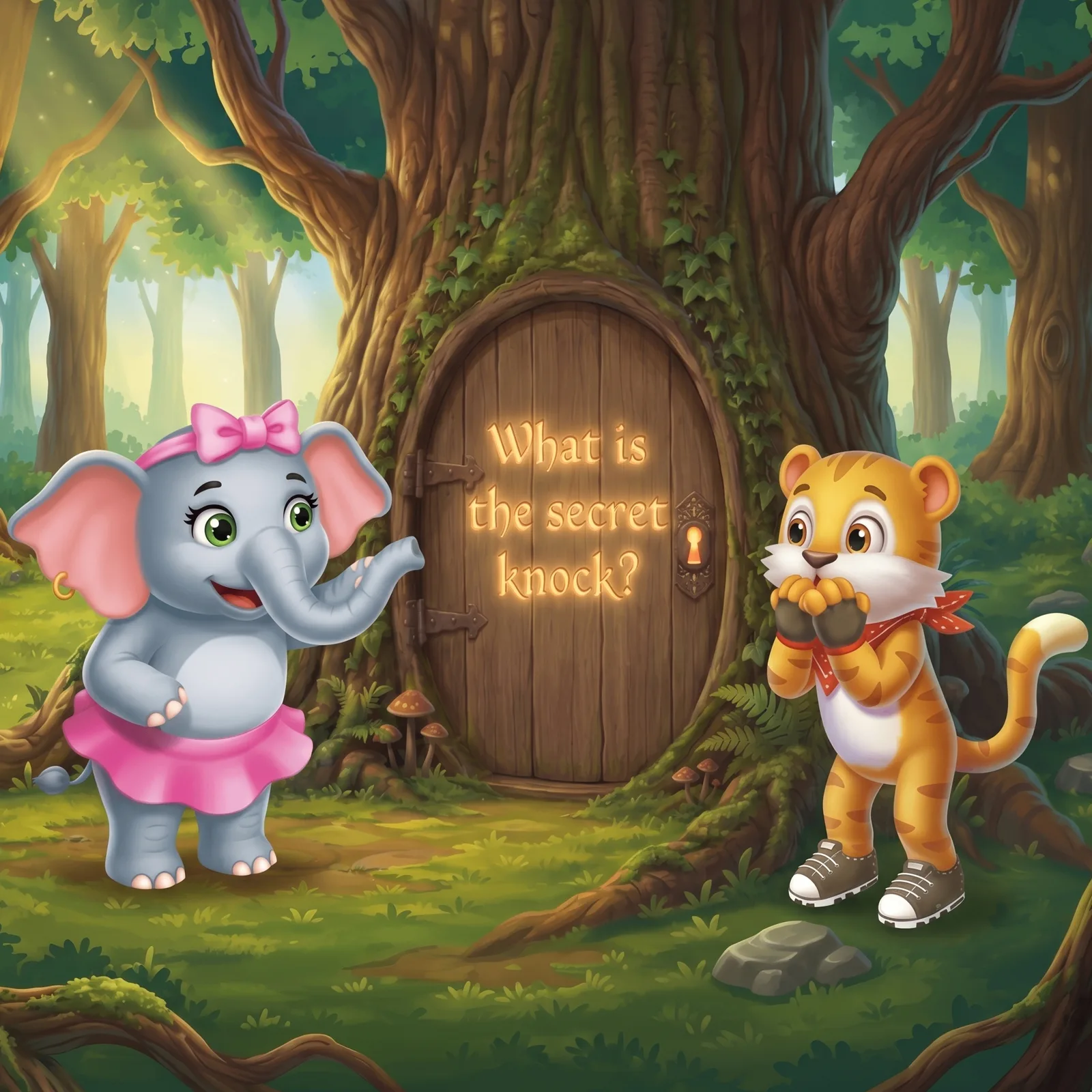 FeeFee tapping the secret knock on the tree door while Siso watches