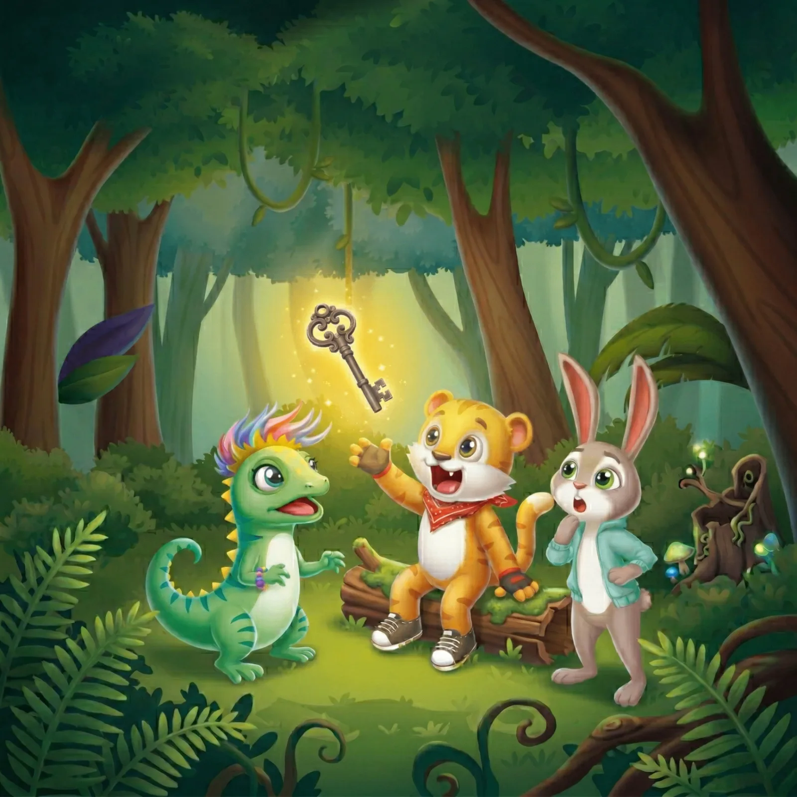Siso, Lizzie and Nainni watching a magical key float in the woods