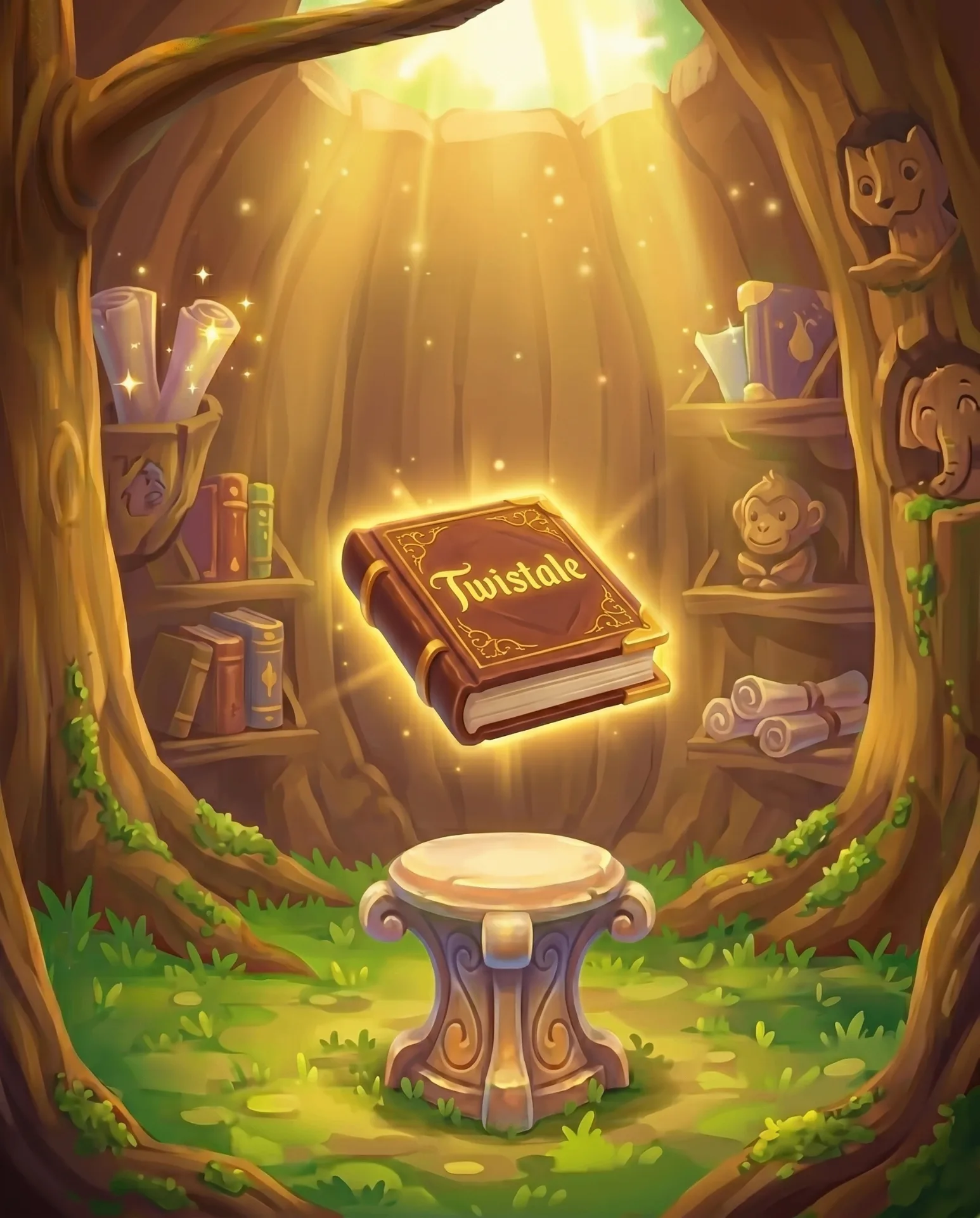 A magical Twistale book floating with golden glow inside the tree