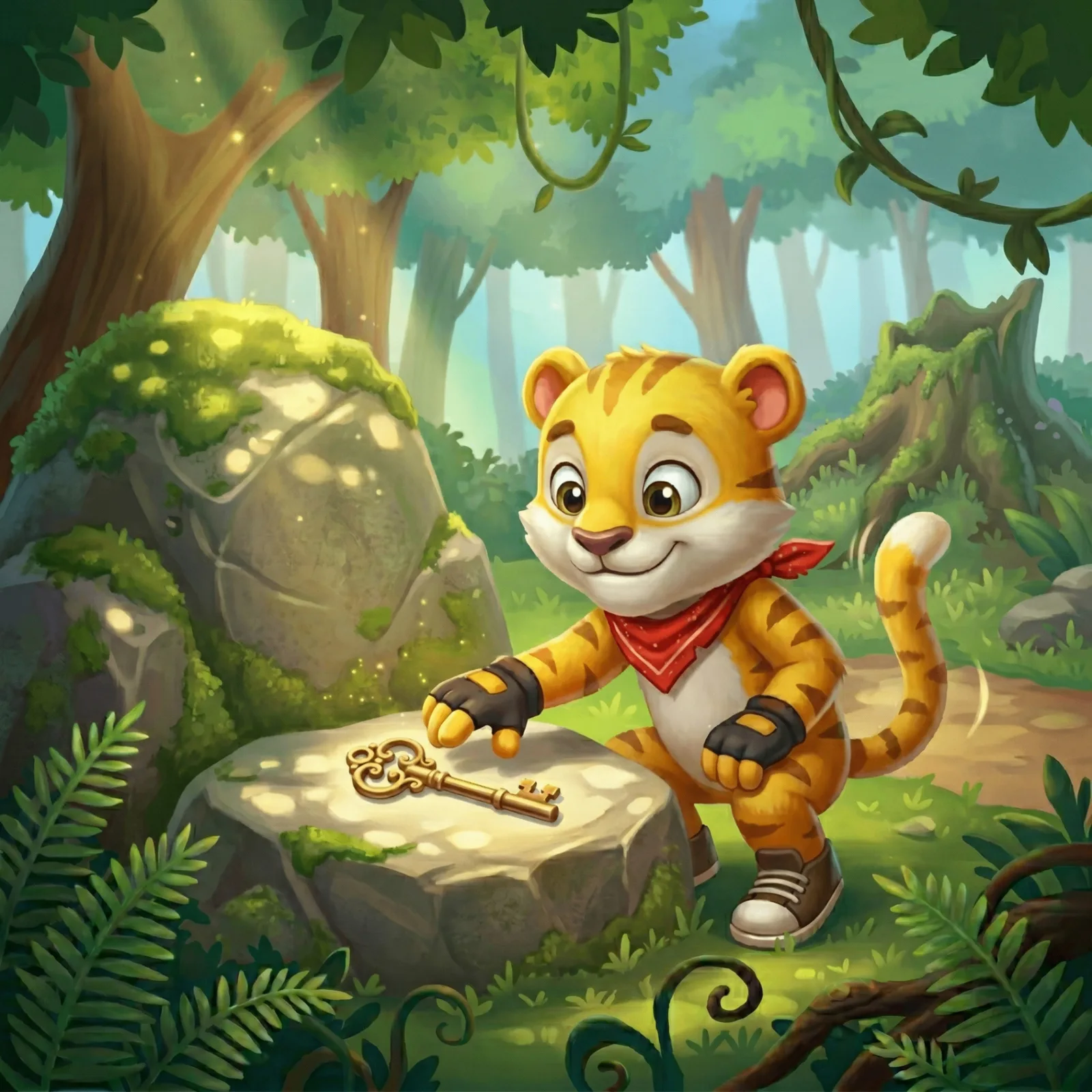 Siso the tiger placing the shiny key on a big mossy rock