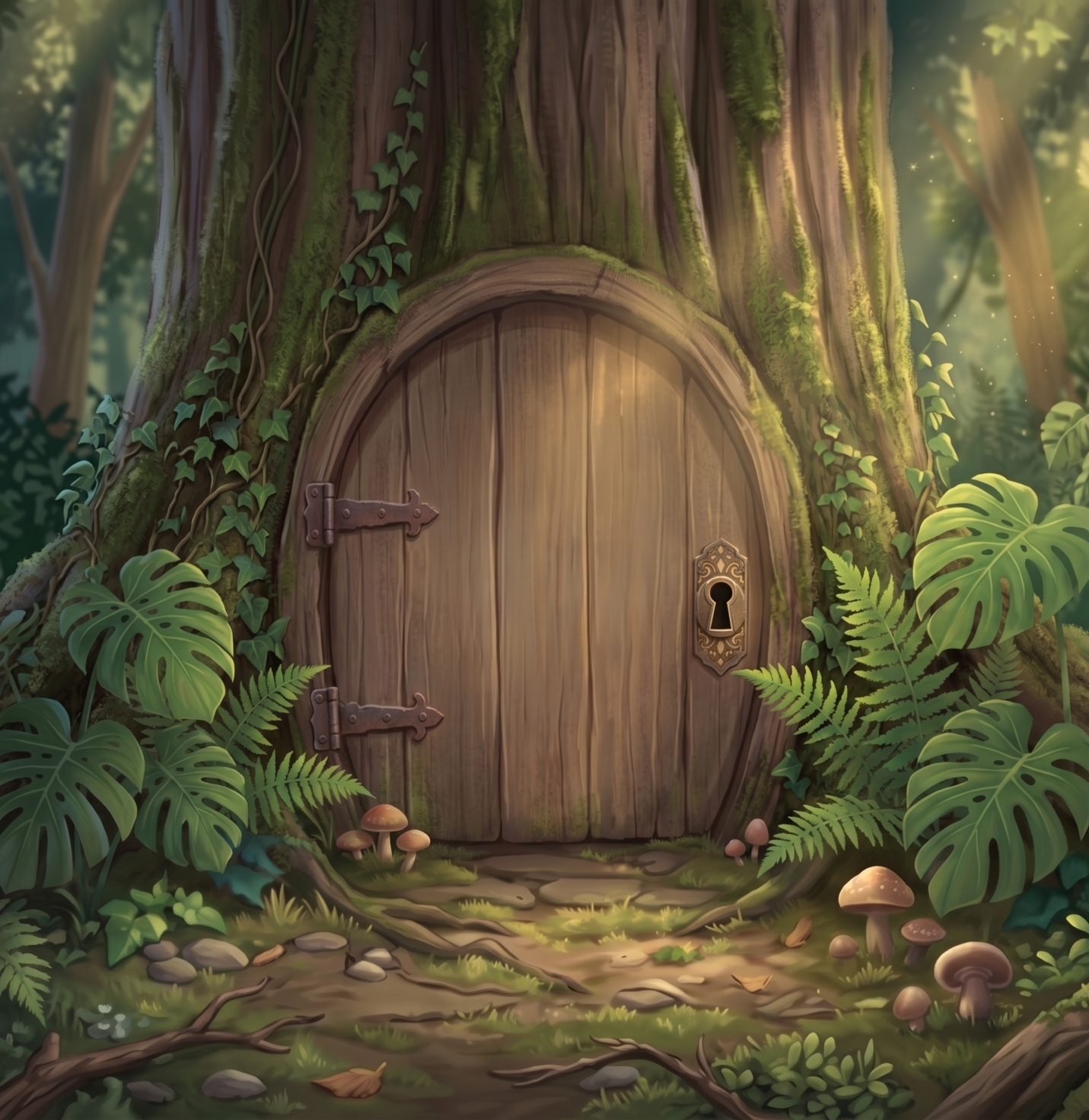 A mysterious secret door hidden behind leaves at the base of a tree