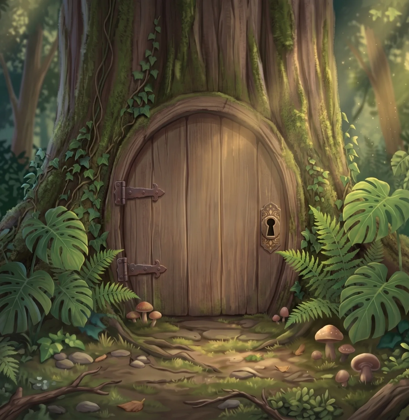A mysterious secret door hidden behind leaves at the base of a tree