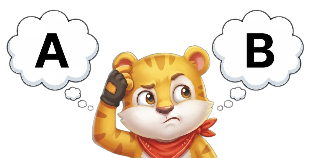 Siso the tiger thinking between two choices A and B