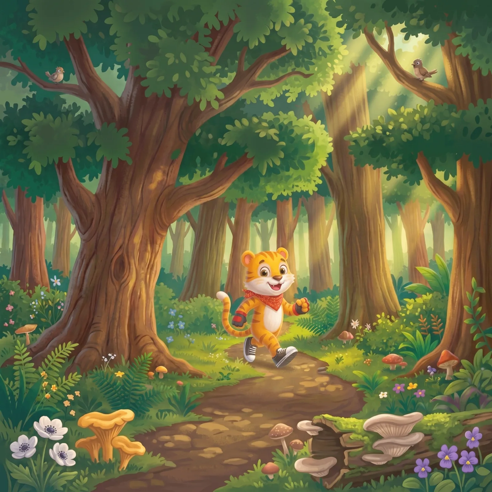 Siso the tiger walking through a sunny forest path