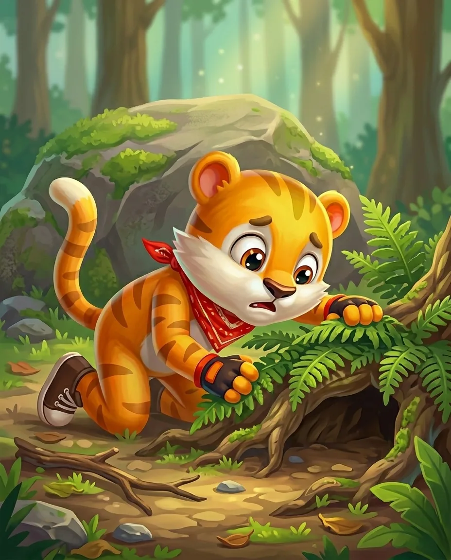 Siso the tiger searching for the missing key near the big rock