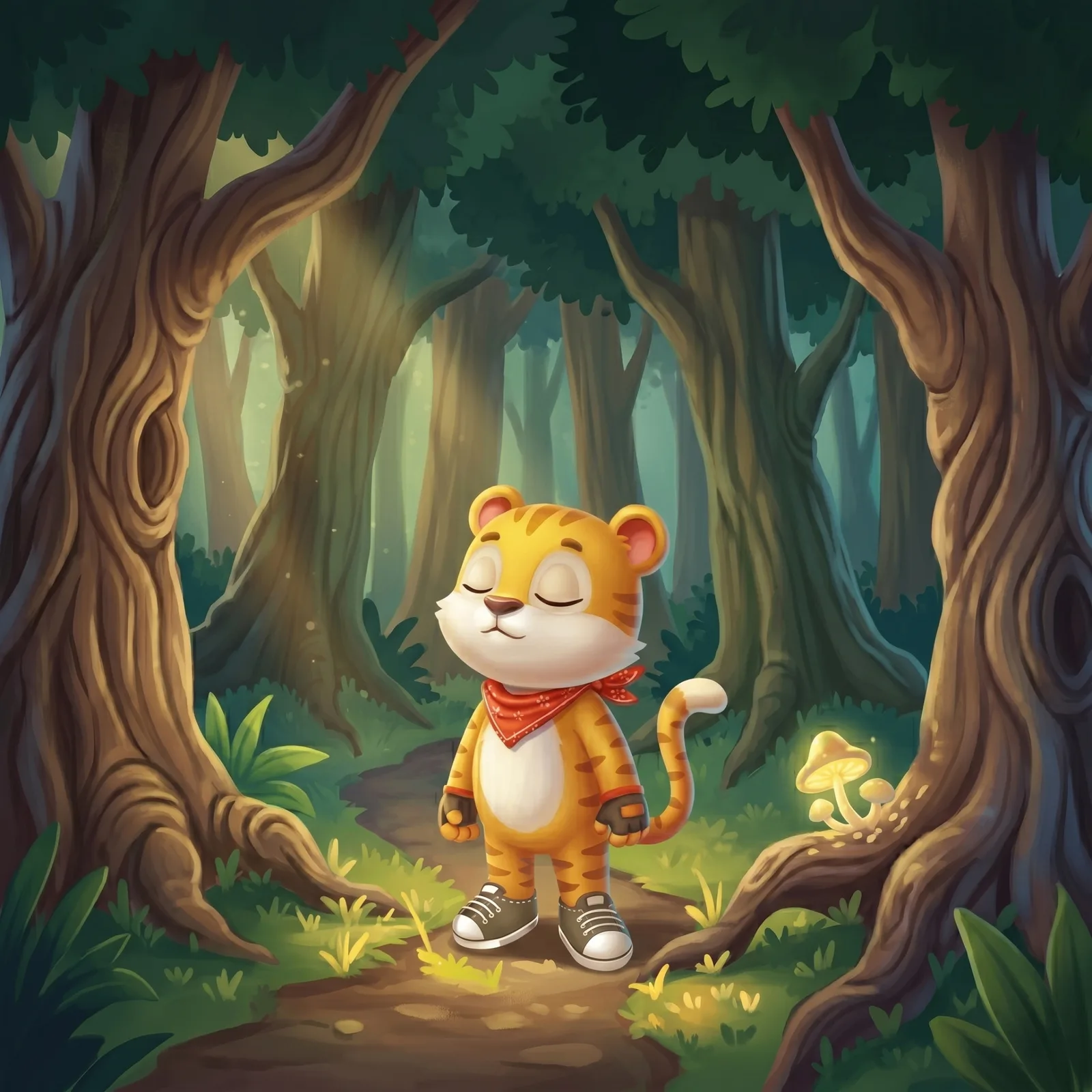 Siso the tiger standing alone on a forest path with eyes closed