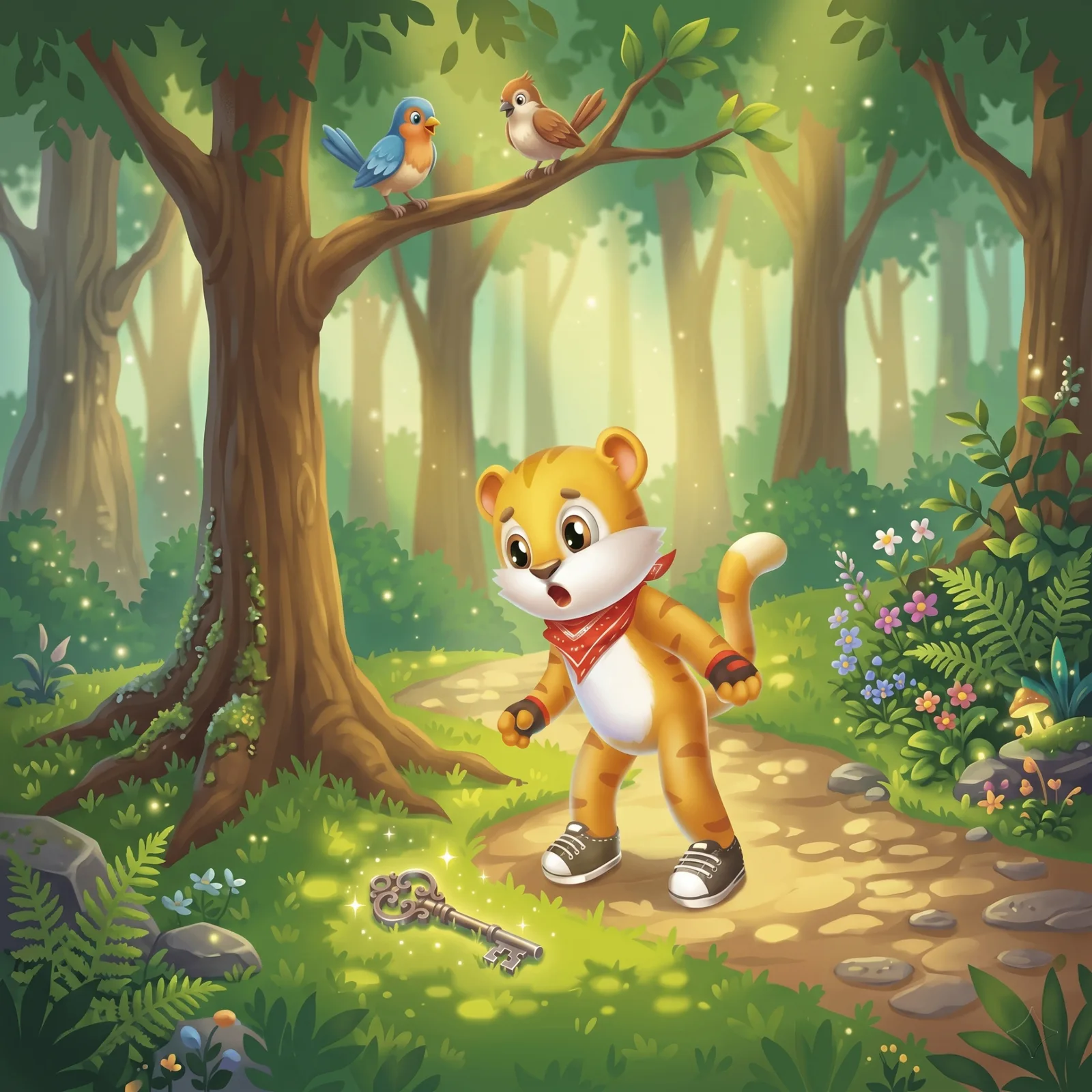 Siso the tiger discovering a shiny key in the woods