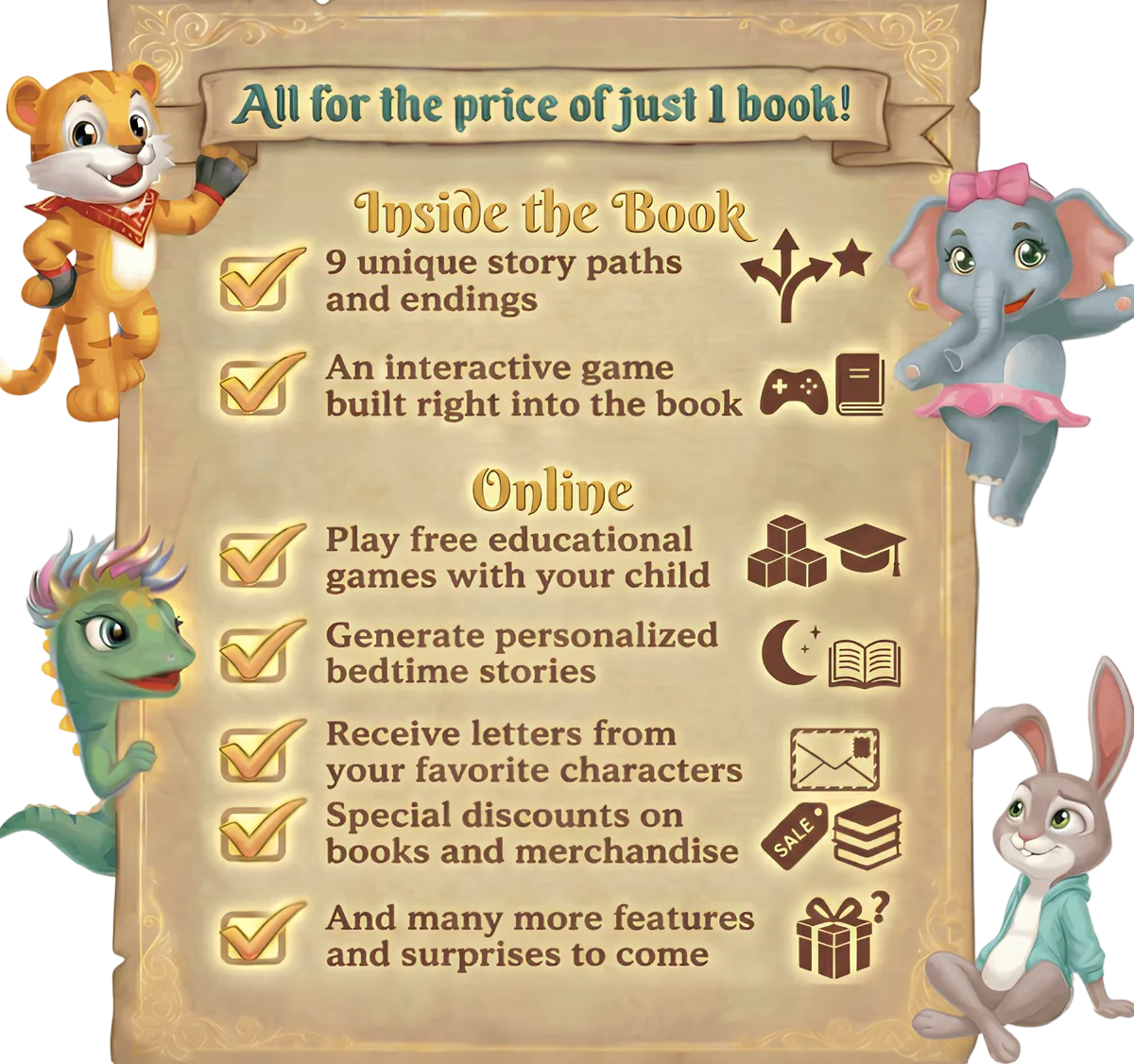 The Twistale Experience - More than just a book. 9 unique story paths and endings, an interactive game built right into the book, play free educational games with your child, generate personalized bedtime stories, receive letters from your favorite characters, special discounts on books and merchandise, and many more features and surprises to come. All for the price of just 1 book!
